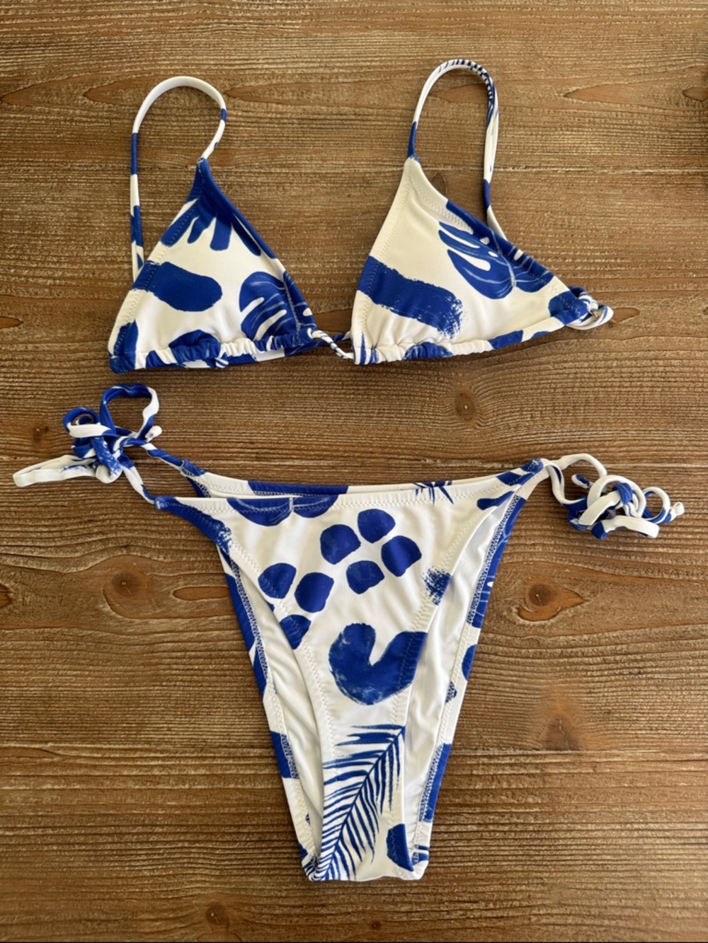WORN ONCE SABO Skirt White and Blue Print Triangle Bikini